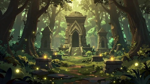 Ethereal indie game announcement featuring glowing fairy tale forest with ancient stone temples