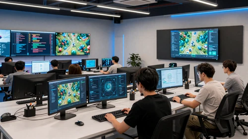 Game development studio with holographic design tools and multiple developer workstations